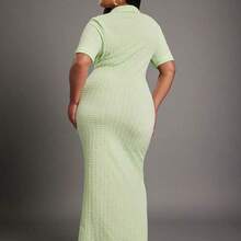 Dress Plus Collared Long Sleeve Textured Fitted Festival Maxi Dress Modest Wedding Guest Special Occasion For Bridal Dinner Prom Fall Summer Fall Mini Length Green Festival Going Out Date Night Outfits For Women - Verde - Ver 3