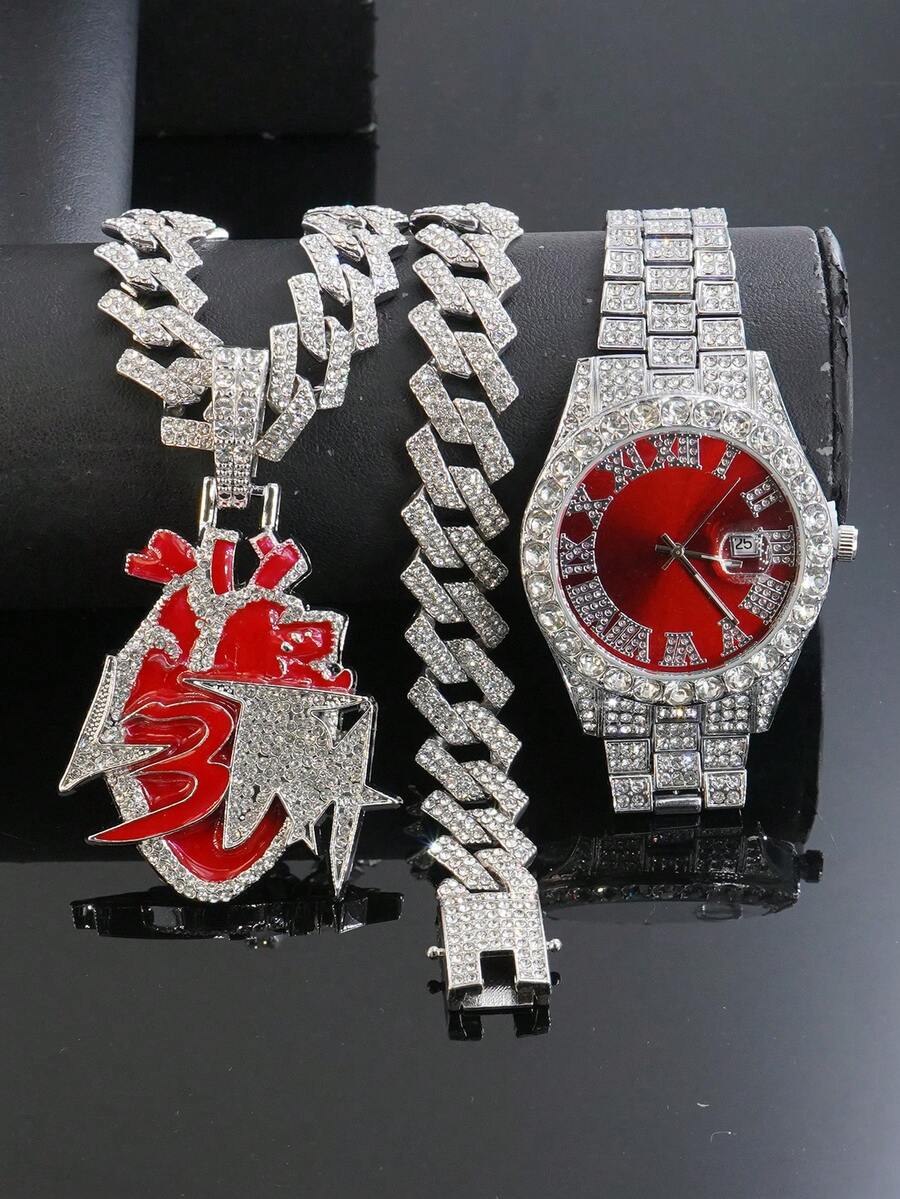 Bộ 1 món đồ trang sức phong cách Hiphop gồm mặt dây chuyền hình chó Bulldog, dây chuyền hình thoi kiểu , dây đeo đồng hồ màu đỏ dành cho nam, phụ kiện thời trang cá tính dành cho nam giới.