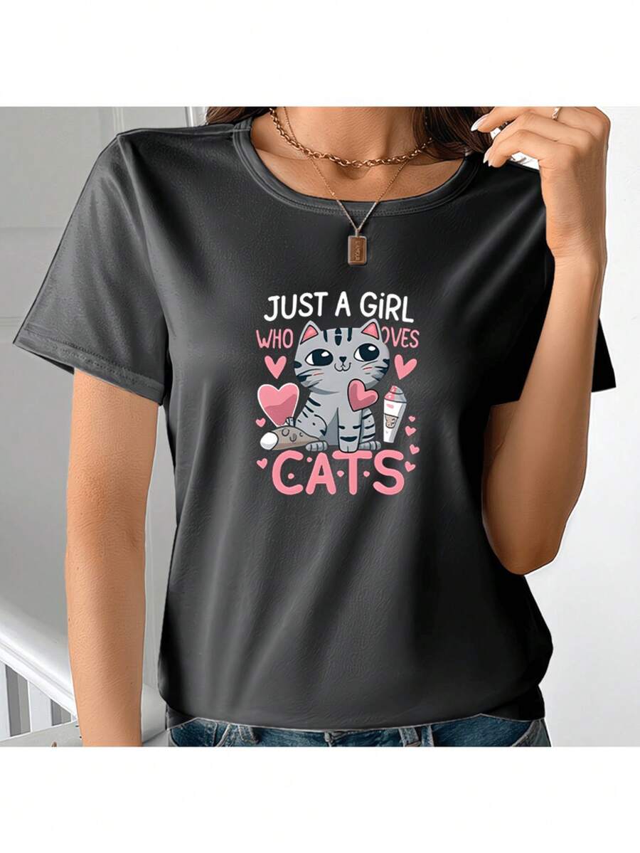 Camiseta Deportiva Casual para Mujer con Gráfico Colorido de Gato - Camiseta Negra Elástica de Cuello Redondo, Lavable aáquina, Ajuste Cómodo y Apta para Todas las Estaciones, para Amantes de los Gatos. - Negro - Ver 1