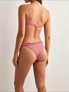 Womens Red  White Plaid Underwire Bikini Top Ruffle Edge Adjustable Straps High Stretch Swimwear - Red - View 2