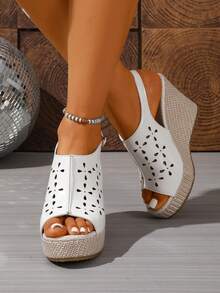 1 Pair Women's Summer Platform Wedge Sandals, Fashionable Hollow-Out Breathable Casual Strap Open Toe Shoes - White - View 3