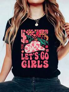 Let's Go Girls Floral Cowgirl Hat Print Cotton T-Shirt For Bachelorette Party, Summer Soft Short Sleeve Top For Women, Stylish And Comfortable T-Shirt For Women, Graphic Tees, Summer Sets For Women, Oversized T-Shirt. - 黑色 - 查看 6