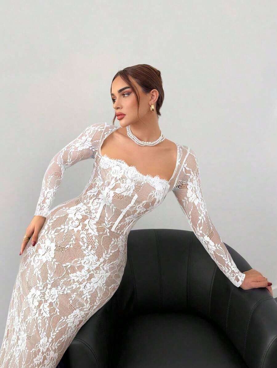Vestido negro ajustado hasta el suelo con cuello corsé ahuecado y mangas largas con encaje en forma de S sexy para mujer para fiestas, citas y banquetes de otoño/invierno nuevo - Blanco - Ver 1