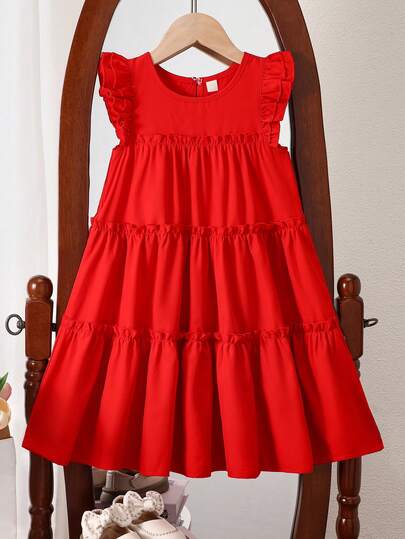 Young Girls' Red Lace Cap Sleeve Layered Frill Trim Sweet Princess Dress, Spring/Summer