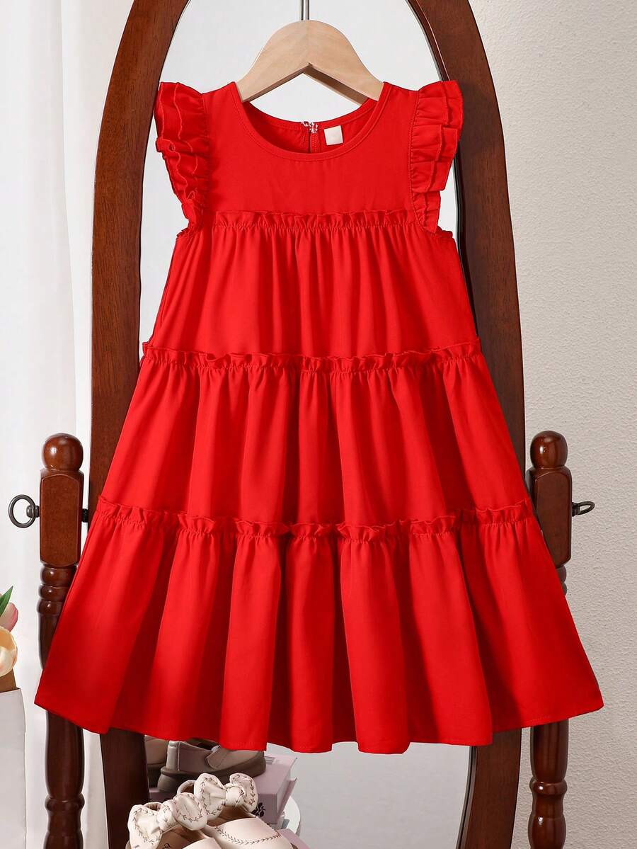 Young Girls' Red Lace Cap Sleeve Layered Frill Trim Sweet Princess Dress, Spring/Summer - Red - View 1