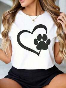 2026 NUEVO Camiseta de amante de perros con estampado de corazón y pata para mujeres, amor por los animales de mascota, camiseta gráfica linda, top casual de algodón, nueva camiseta casual para mujeres. - Blanco - Ver 1