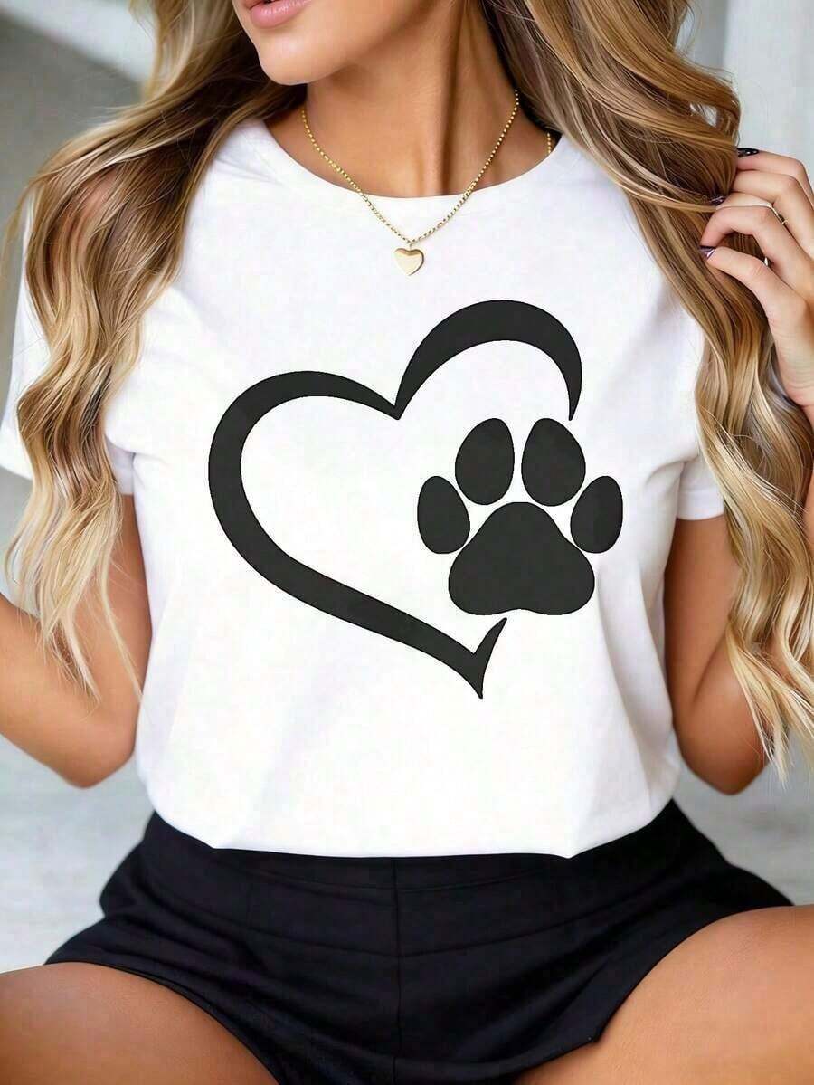 2026 NUEVO Camiseta de amante de perros con estampado de corazón y pata para mujeres, amor por los animales de mascota, camiseta gráfica linda, top casual de algodón, nueva camiseta casual para mujeres. - Blanco - Ver 1