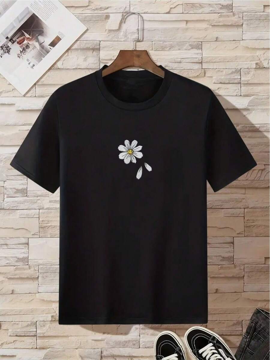 Camisa de hombre con hombros caídos y bordado de flores - Negro - Ver 1