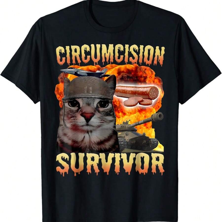 Circumcision Survivor Cat Funny Meme Cute T-Shirt - 黑色 - 查看 1