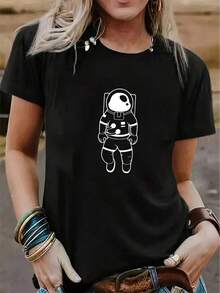 Camiseta Mujer Astronauta Impresa Primavera Verano Casual Suelta Cuello Redondo Manga Corta - Negro - Ver 1