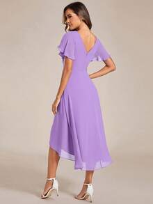 Đầm phù dâu bằng chiffon dáng dài ngắn thanh lịch dành cho nữ, cổ chữ V, tay bồng, thích hợp cho đám cưới mùa hè. - Màu Lilac Tím - Xem 2