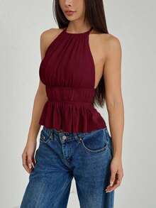 Top sin espalda con cuello de halter y cintura anudada con pliegues para mujer - Burdeos 2 - Ver 2