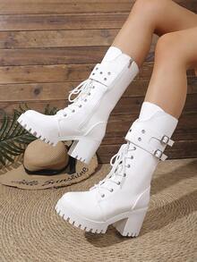 Women's Height-Increasing Wear-Resistant Rivet Double-Row Button Side Zipper Round Toe Mid-Calf Chunky Heel Thick Sole Boots Cool Style Autumn/Winter Daily White Microfiber Plus Size Boots - White - View 2