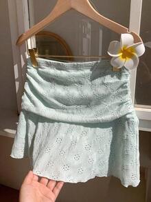 Minifalda acampanada fruncida con estampado de lunares para el verano - verde menta - Ver 6