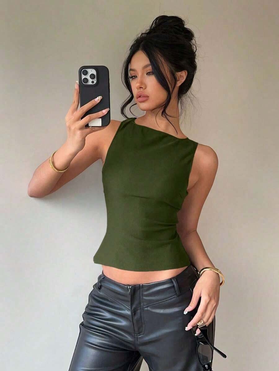 Blusa sin mangas con cuello redondo y lazo en la espalda, para uso casual y de oficina - Verde militar - Ver 1