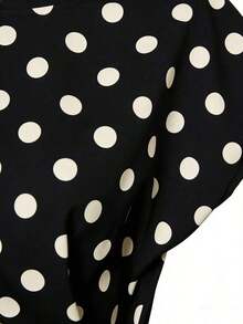 Nueva camiseta de satén de verano para mujer con cuello redondo y lunares elegante - Negro - Ver 3