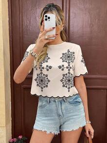 Blusa de manga corta con estampado floral y borde con volantes, estilo de vacaciones de verano para mujer - Multicolor - Ver 4