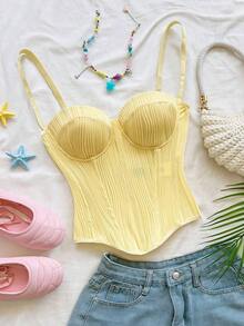 Top corto de camisola con textura de punto de onda para vacaciones, conjunto sexy para la playa/cita - Amarillo claro - Ver 1