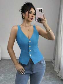 Camiseta sin mangas de un solo pecho de unicolor casual para mujer - Azul 2 - Ver 8