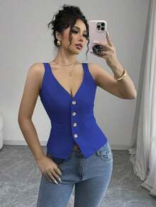 Camiseta sin mangas de un solo pecho de unicolor casual para mujer - azul real - Ver 1