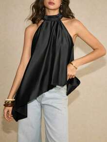 Blusa elegante de cuello halter con lunares para mujeres - Negro - Ver 5