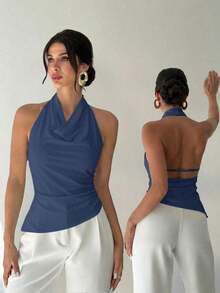 Camisa elegante de oficina para mujer, blusa negra ajustada con cuello asimétrico, sin mangas, halter, espalda descubierta, decoración de botones ajustables, ropa de primavera/verano, elegante, sexy - Niebla azul - Ver 1
