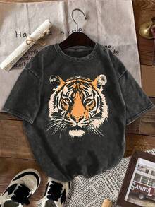 Camiseta Básica Casual de Mujer con Estampado de Tigre para Primavera y Verano, Ideal para Salidas, Citas y Uso Diario, Cuello Redondo y Manga Corta, Suave y Cómoda, Disponible en Tallas S a XXL - Negro - Ver 1
