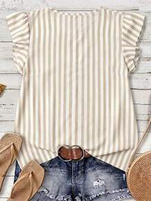 Camisa casual de mujer de manga corta con cuello en V, con estampado de rayas en un estilo minimalista, bohemio, elegante y romántico, retro, adecuado para festivales de música, playa, vacaciones de verano - Multicolor 3 - Ver 2