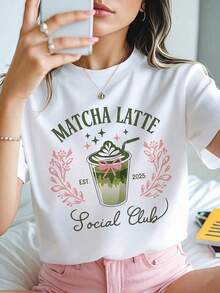 Women's Casual Matcha Latte Knit Social Club Graphic Drop Shoulder Short Sleeve Round Neck T-Shirt, Regular Length MDI8 - 白色 - 查看 3