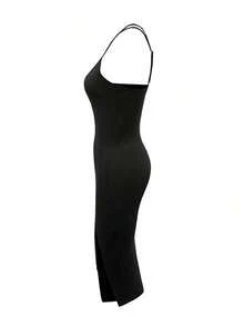 Vestido midi ajustado de unicolor y sexy para mujer - Negro - Ver 4