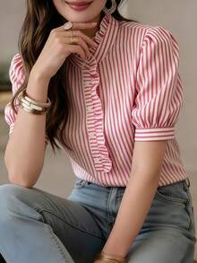 Blusa de manga corta con rayas, cuello mandarín y volantes en el bajo, de poliéster, rosa, para verano, para mujer - Rosa - Ver 2