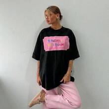 Women's Retro American Short-Sleeved Cotton T-Shirt With Russian Letter Print, Loose And Casual Style, Modern And Versatile. - 黑色 - 查看 3
