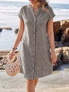 Vestido camisero de verano para mujer, de manga corta, cuello en V y rayas, hasta la rodilla, vestidos de verano para mujer, vacaciones - Blanco y Negro - Ver 4