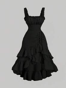 MOD Vestido de estilo vintage de palacio con volantes multicapa y diseño romántico en color albaricoque para mujer de talla grande - Negro - Ver 5