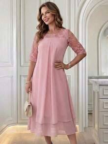 Medorina Vestido de mujer con cuello redondo, manga corta, volantes en el bajo y encaje en contraste, conjunto de verano para vacaciones para mujer en primavera y verano - Rosa - Ver 9