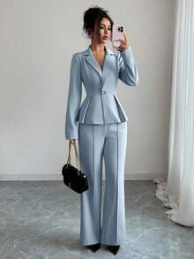 Elenzya Traje elegante que afina la cintura, pantalones acampanados y estilizadores para uso diario, adecuado para vacaciones, citas, Día de la Independencia, atuendo de maestra - Celeste - Ver 7