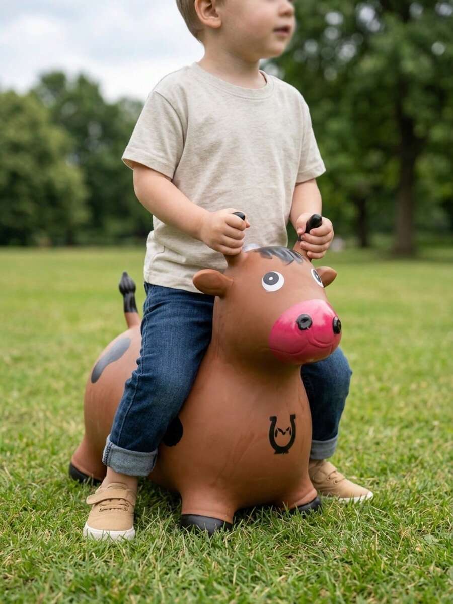 Juguete inflable montable para niños tipo vaquita saltarina, animal brincador con asas y textura antideslizante, ideal para desarrollo motriz y equilibrio, juego activo en casa, cuarto de juegos o patio, material resistente y fácil de limpiar, para niños pequeños - Café integral - Ver 1
