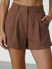Women's Solid Color Drop Shoulder Long Sleeve Shirt And Shorts Casual Set - Rust Brown - View 6