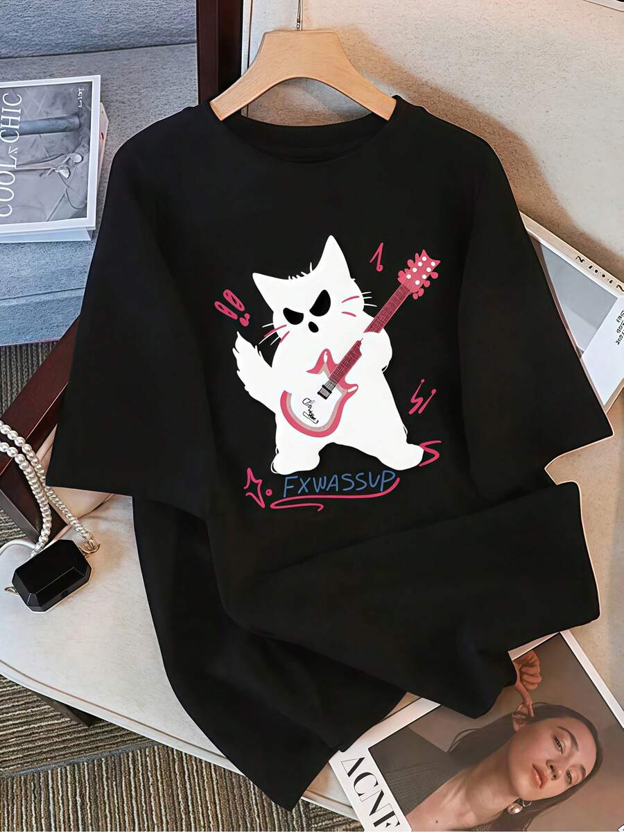 Women's Black Graphic T-Shirt - Cute White Cat Playing Guitar Design - Soft, Relaxed Fit T-Shirt - Casual And Bold Everyday Top, Urban Style For Music Lovers - Summer Essential For Women, Y2K Style - 黑色 - 查看 1