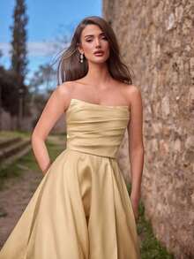 Vestido de noche elegante de mujer con fruncidos y abertura alta - Vestido formal de primavera/verano, adecuado para bodas, galas, alfombras rojas, fiestas, invitados de boda, fiesta de vacaciones de verano - Champán - Ver 6