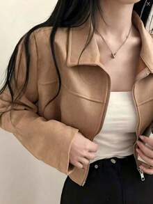 Chaqueta de mujer de unicolor con cuello vuelto y cremallera, de manga larga, adecuada para uso diario, escuela y aeropuerto, primavera/otoño, color negro - Amarillo - Ver 5