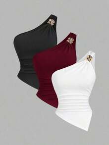 Blusa de unicolor minimalista con cuello asimétrico y hebilla de metal para mujer - Multicolor 7 - Ver 1