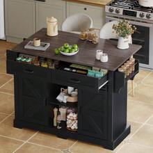 Kitchen Island With Fold-Down Worktop, Kitchen Trolley On Casters, Kitchen Unit With 2 Sliding Doors And 2 Drawers, Barn Style, White, Kitchen Storage Unit, 120 * 45 (70) * 91 Cm - 黑色 - 查看 12