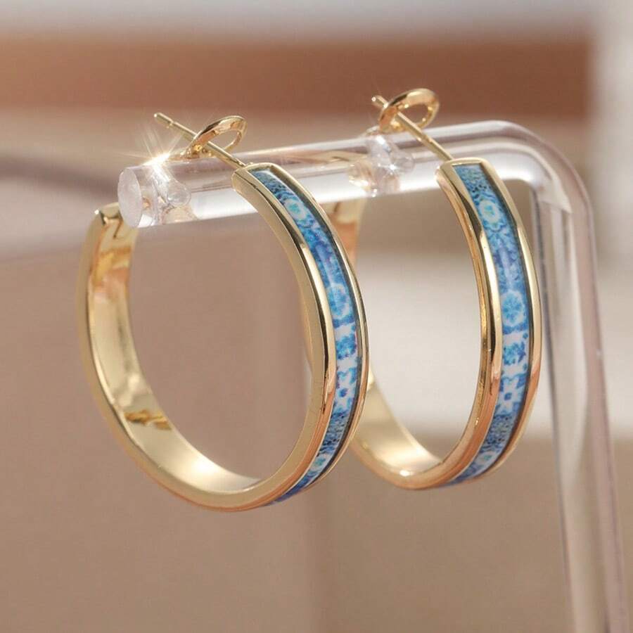 1 Pair Luxury Enamel Hoop Earrings, Suitable For Women's Daily Commute Wear - Gold - View 1