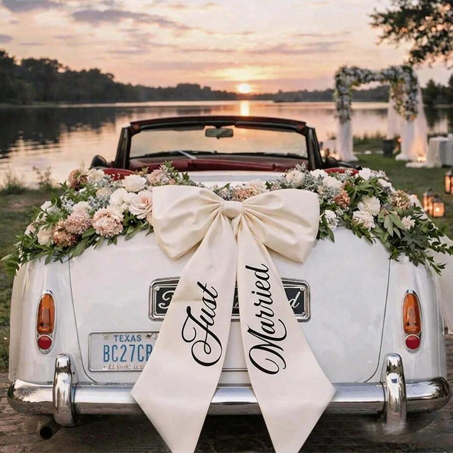 個性化大型汽車蝴蝶結-可客製文字婚車裝飾,優雅白色緞面新娘車前蝴蝶結,可客製化婚禮送別配件 - 彩色 - 查看 1