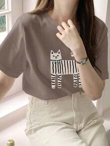 Camiseta blanca de mujer con cuello redondo y estampado de gato, de manga corta, para primavera/verano, tops prepa de maestro Playeras Deportivas Para Mujer - Estilo VI - Ver 6