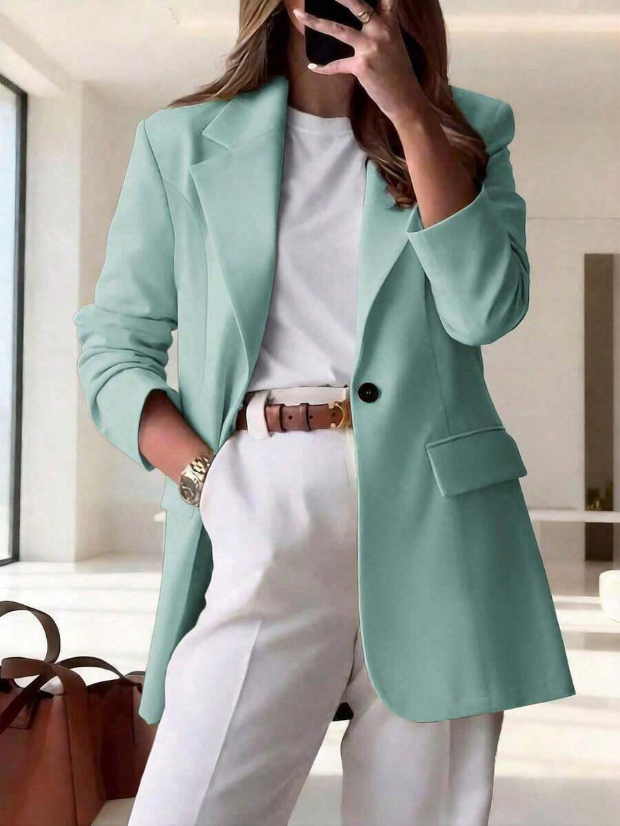 1 pieza Chaqueta ligera de mujer con diseño de solapa y bolsillo casual y holgada, adecuada para primavera y verano - verde menta - Ver 1