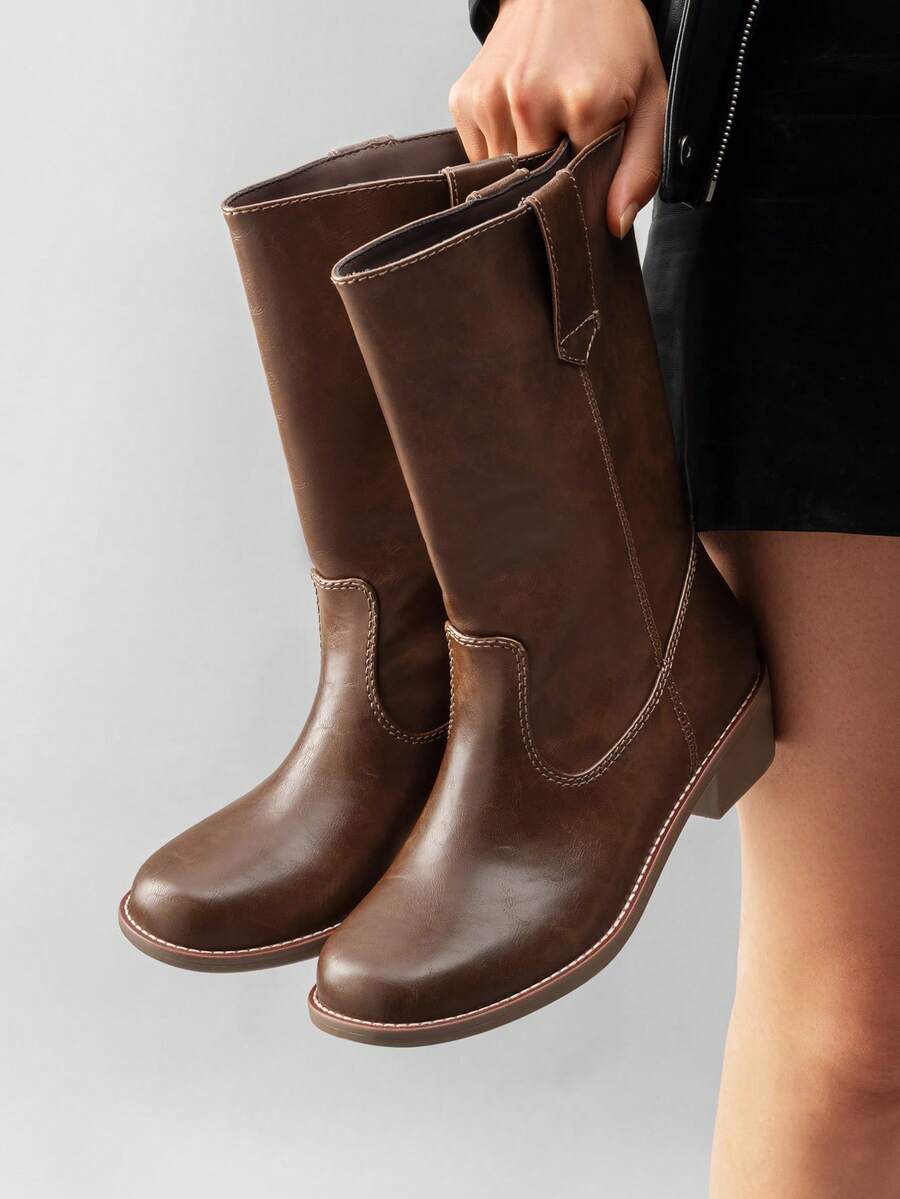 Women's Riding Boots Square Toe Retro Banana Boots Chunky Block Heel Pull-On Vintage Fashion Knee-High Boots - 巧克力棕 - 查看 1