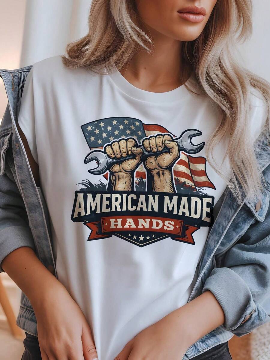 American Made Hands T-Shirt, A Patriotic Graphic Tee Featuring American Workers. Unisex 220g Pure Cotton T-Shirt. Ideal Weight For All Seasons, Suitable For Both Men And Women. Durable, High-Quality Fabric That Is Soft To The Touch And Long-Lasting. Breathable T-Shirt. Suitable For Spring And Summer, Holidays, Mother's Day, And Independence Day. - 白色 - 查看 1
