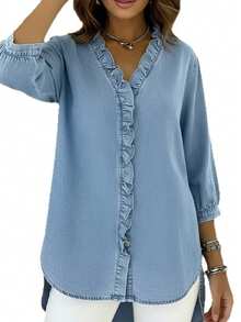 Camisa unicolor con volantes y mangas farol de tul, estilo elegante primavera 2026 - azul claro - Ver 3